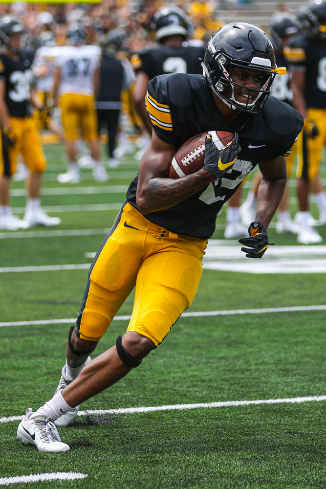 Iowa Hawkeyes wide receiver Calvin Lockett (82) during Kids Day at Kinnick Stadium on Saturday, August 10, 2019. (Lily Smith/hawkeyesports.com)