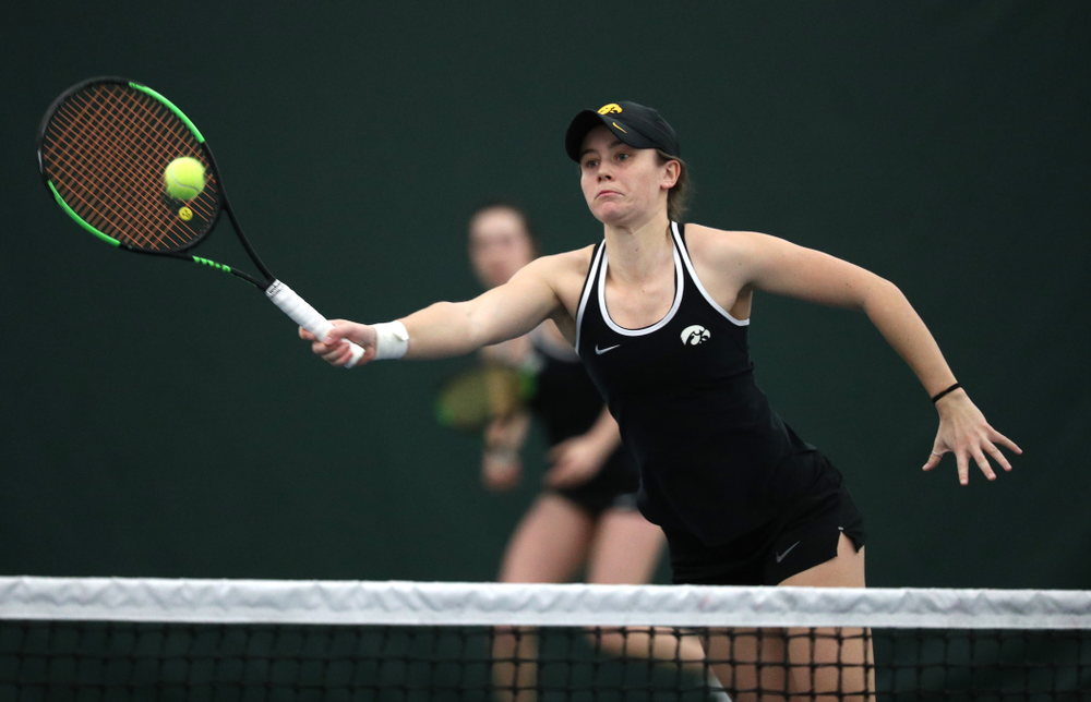 Iowa's Samantha Mannix and Elise Van Heuvelen Treadwell play a doubles match against the Penn State Nittany Lions Sunday, February 24, 2019 at the Hawkeye Tennis and Recreation Complex. (Brian Ray/hawkeyesports.com)