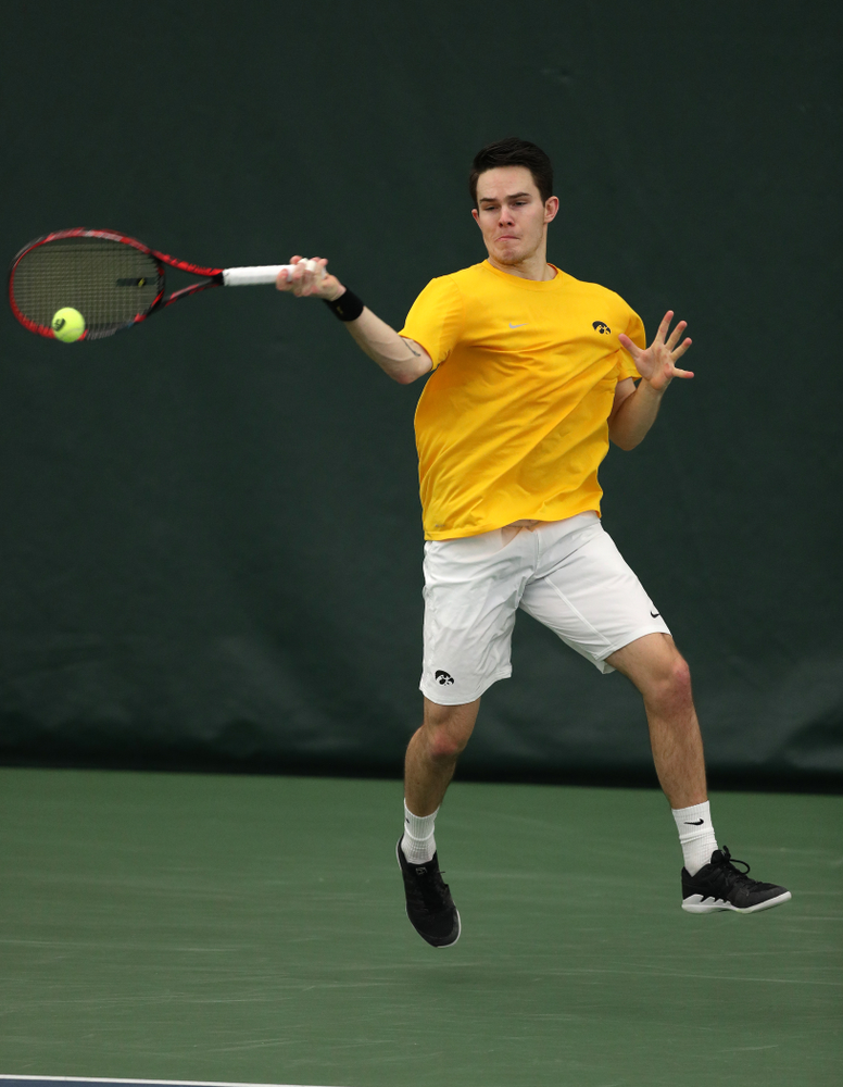 Jonas Larsen against Utah Sunday, February 10, 2019 at the Hawkeye Tennis and Recreation Complex. (Brian Ray/hawkeyesports.com)