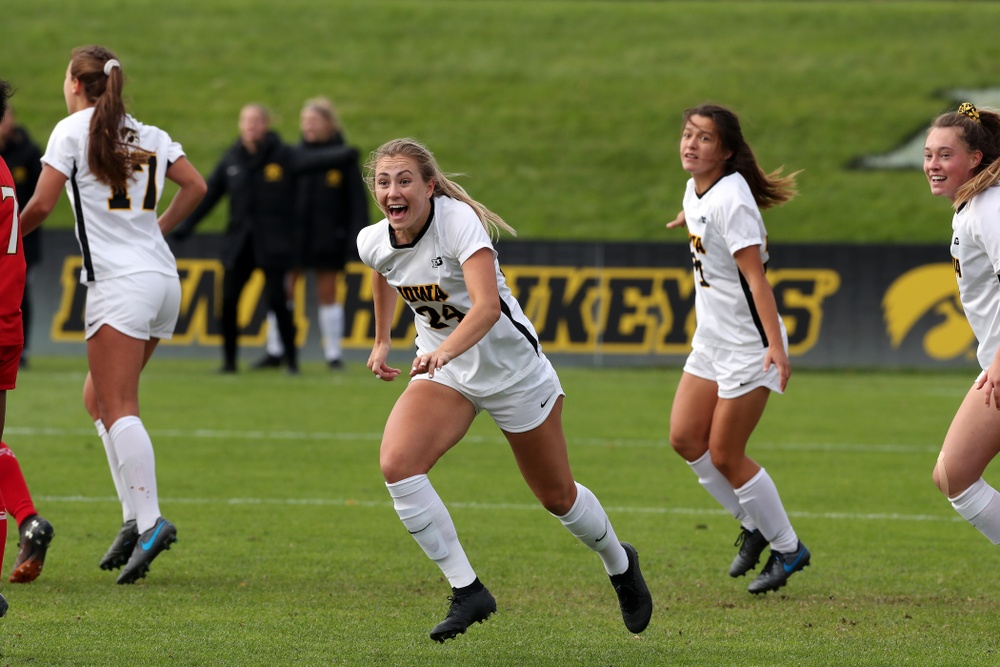 Iowa Hawkeyes defender Sara Wheaton (24) celebrates a goal against the Maryland Terrapins Sunday, October 13, 2019 on senior day. (Brian Ray/hawkeyesports.com)