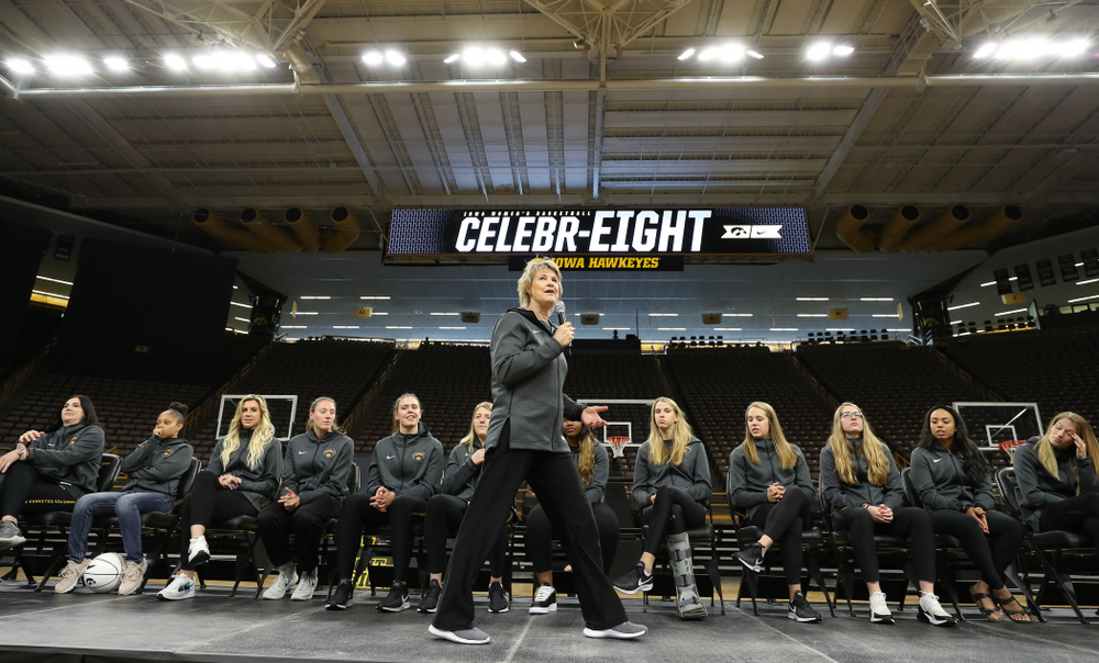 Iowa Hawkeyes head coach Lisa Bluder addressed the crowd during the teamÕs Celebr-Eight event Wednesday, April 24, 2019 at Carver-Hawkeye Arena. (Brian Ray/hawkeyesports.com)