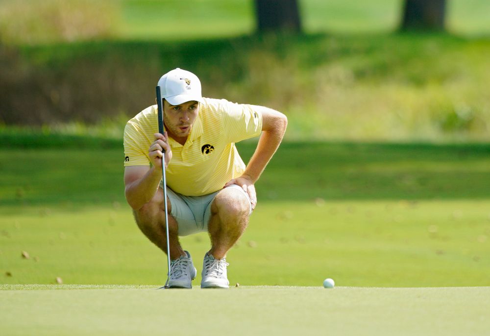 Iowa’s Jake Rowe lines up a putt during the third day of the Golfweek Conference Challenge at the Cedar Rapids Country Club in Cedar Rapids on Tuesday, Sep 17, 2019. (Stephen Mally/hawkeyesports.com)
