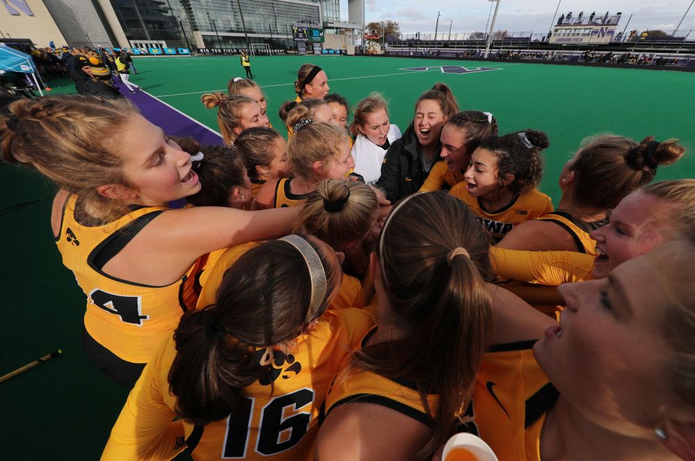 The Iowa Hawkeyes get pumped up for their game against the Michigan Wolverines in the semi-finals of the Big Ten Tournament Friday, November 2, 2018 at Lakeside Field on the campus of Northwestern University in Evanston, Ill. (Brian Ray/hawkeyesports.com)