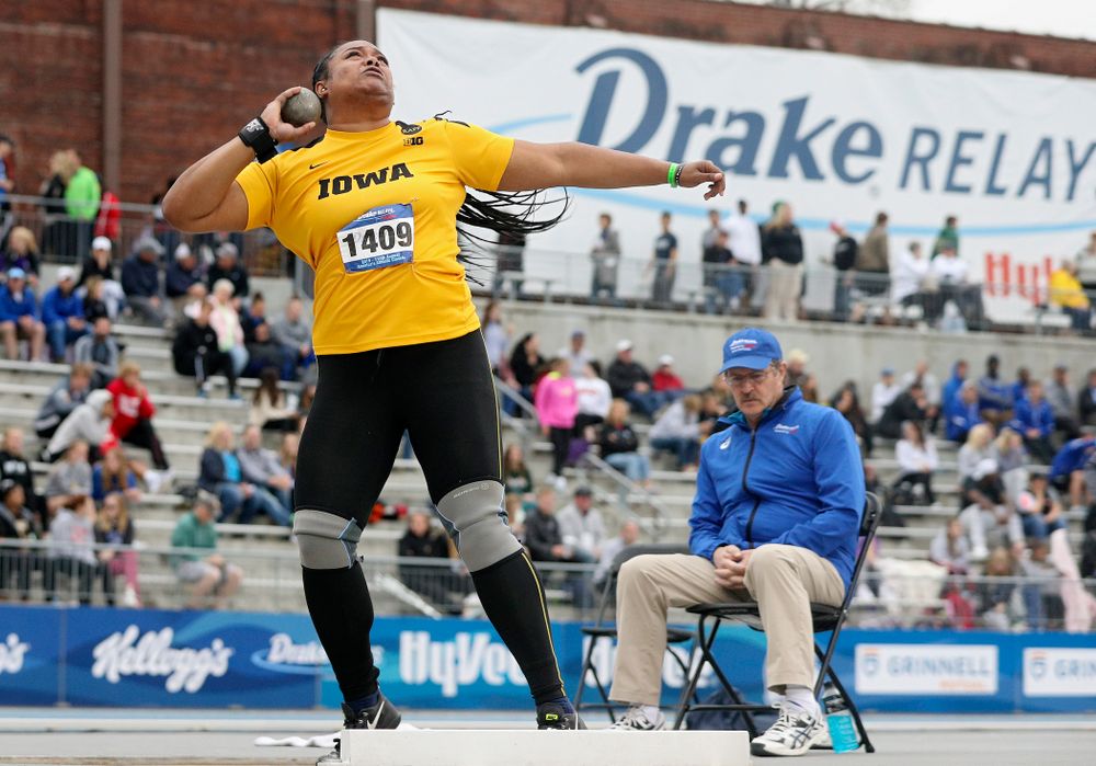 Iowa's Laulauga Tausaga throws in the women's shot put event during the second day of the Drake Relays at Drake Stadium in Des Moines on Friday, Apr. 26, 2019. (Stephen Mally/hawkeyesports.com)