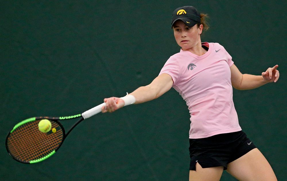 Iowa's Elise van Heuvelen Treadwell plays a doubles match against Purdue at the Hawkeye Tennis and Recreation Complex in Iowa City on Friday, Mar. 29, 2019. (Stephen Mally/hawkeyesports.com)