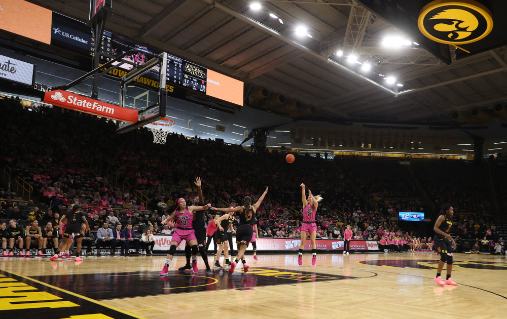 Iowa Hawkeyes forward Hannah Stewart (21) against the seventh ranked Maryland Terrapins Sunday, February 17, 2019 at Carver-Hawkeye Arena. (Brian Ray/hawkeyesports.com)