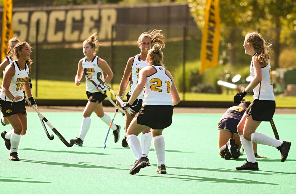 Iowa’s Sophie Sunderland (20) celebrates her goal during the third quarter of their game at Grant Field in Iowa City on Friday, Sep 13, 2019. (Stephen Mally/hawkeyesports.com)