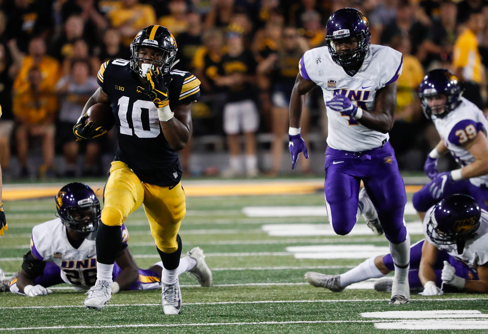 Iowa Hawkeyes running back Mekhi Sargent (10) runs the ball during a game against Northern Iowa at Kinnick Stadium on September 15, 2018. (Tork Mason/hawkeyesports.com)
