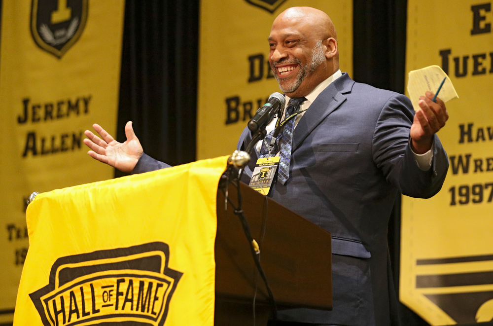 2019 University of Iowa Athletics Hall of Fame inductee LeRoy Smith speaks during the Hall of Fame Induction Ceremony at the Coralville Marriott Hotel and Conference Center in Coralville on Friday, Aug 30, 2019. (Stephen Mally/hawkeyesports.com)