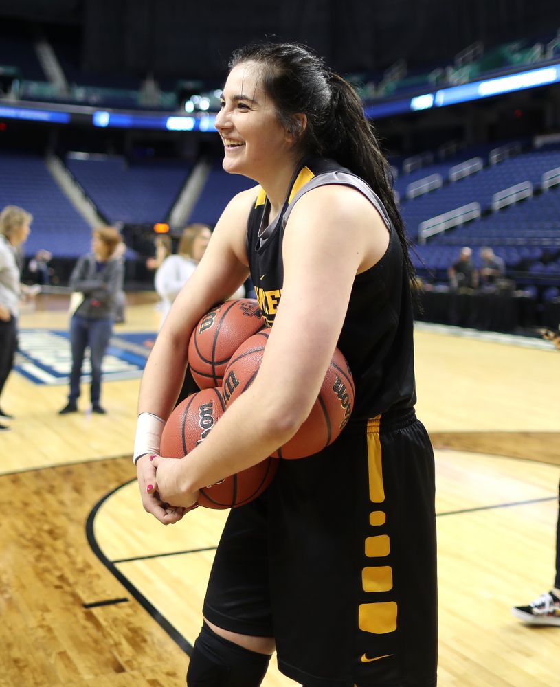 Iowa Hawkeyes forward Megan Gustafson (10) talks with the ESPN Crew following practice for their Sweet 16 matchup against NC State Friday, March 29, 2019 at the Greensboro Coliseum in Greensboro, NC.(Brian Ray/hawkeyesports.com)