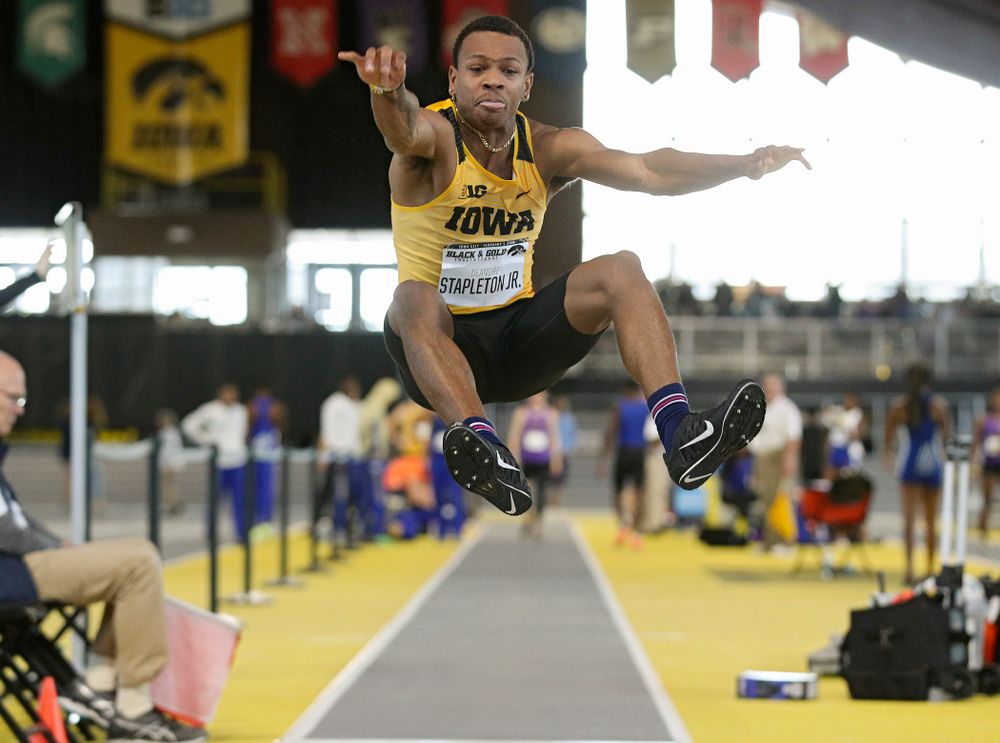 Iowa’s Deandre Stapleton Jr. competes in the men’s long jump event at the Black and Gold Invite at the Recreation Building in Iowa City on Saturday, February 1, 2020. (Stephen Mally/hawkeyesports.com)