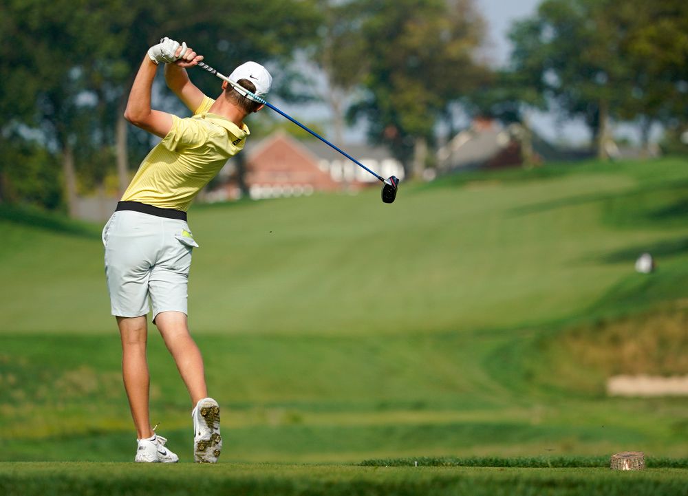Iowa’s Benton Weinberg tees off during the third day of the Golfweek Conference Challenge at the Cedar Rapids Country Club in Cedar Rapids on Tuesday, Sep 17, 2019. (Stephen Mally/hawkeyesports.com)