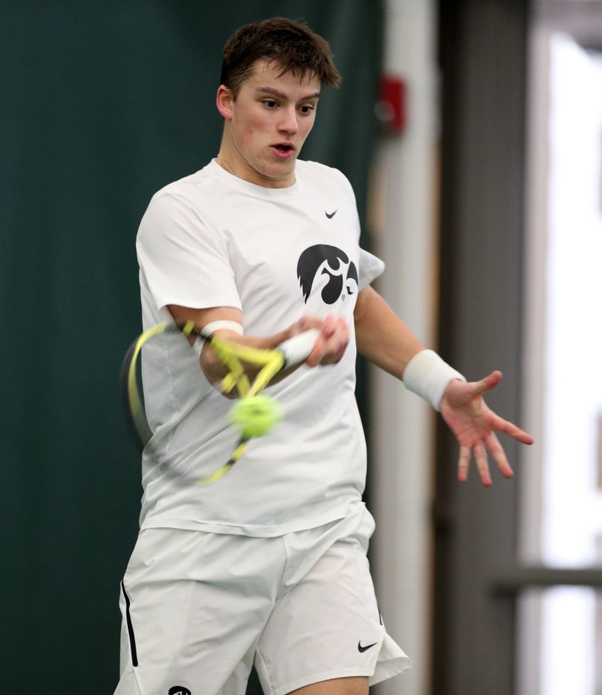Iowa’s Joe Tyler against Cornell Sunday, March 8, 2020 at the Hawkeye Tennis and Recreation Center. (Brian Ray/hawkeyesports.com)