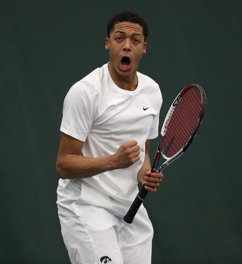 Iowa's Oliver Okonkwo against North Dakota Friday, January 25, 2019 at the Hawkeye Tennis and Recreation Complex. (Brian Ray/hawkeyesports.com)
