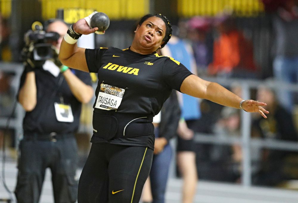 Iowa’s Laulauga Tausaga throws in the women’s shot put premier event during the Larry Wieczorek Invitational at the Recreation Building in Iowa City on Friday, January 17, 2020. (Stephen Mally/hawkeyesports.com)