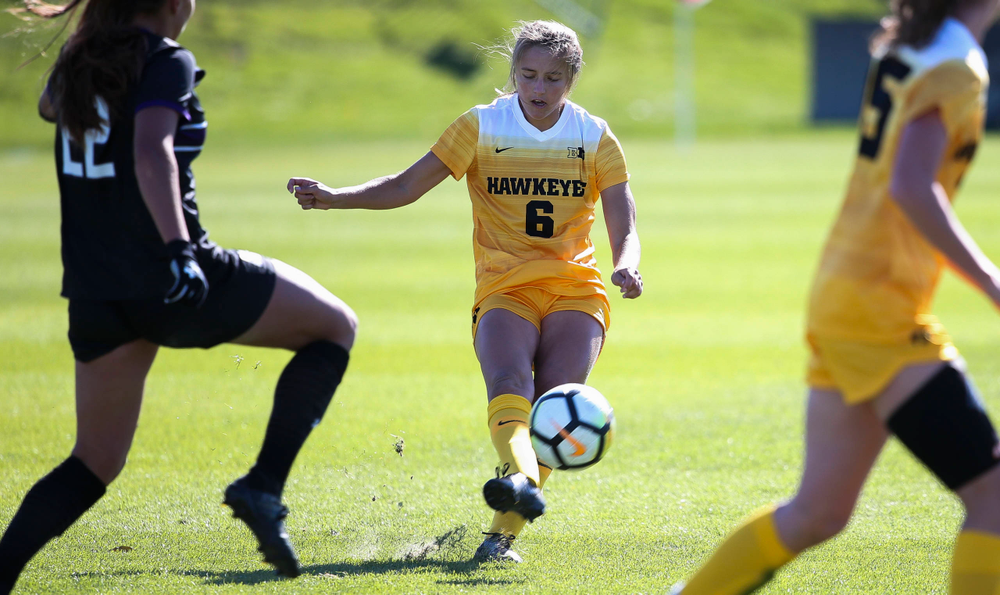 Iowa Hawkeyes midfielder Isabella Blackman (6) passes the ball during a game against Northwestern at the Iowa Soccer Complex on October 21, 2018. (Tork Mason/hawkeyesports.com)