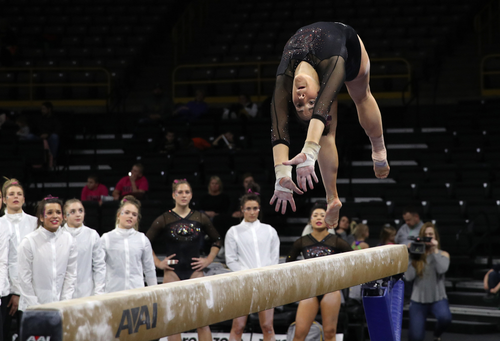 Iowa's Alex Greenwald competes on the beam during their meet against the Minnesota Golden Gophers Saturday, January 19, 2019 at Carver-Hawkeye Arena. (Brian Ray/hawkeyesports.com)
