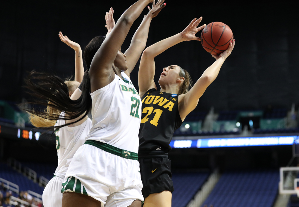 Iowa Hawkeyes forward Hannah Stewart (21) against the Baylor Lady Bears in the regional final of the 2019 NCAA Women's College Basketball Tournament Monday, April 1, 2019 at Greensboro Coliseum in Greensboro, NC.(Brian Ray/hawkeyesports.com)