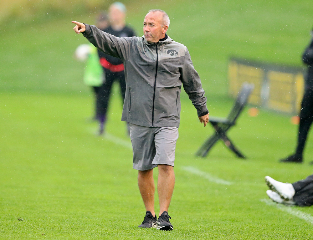 Iowa head coach Dave DiIanni directs his players during the second half of their match at the Iowa Soccer Complex in Iowa City on Sunday, Sep 29, 2019. (Stephen Mally/hawkeyesports.com)