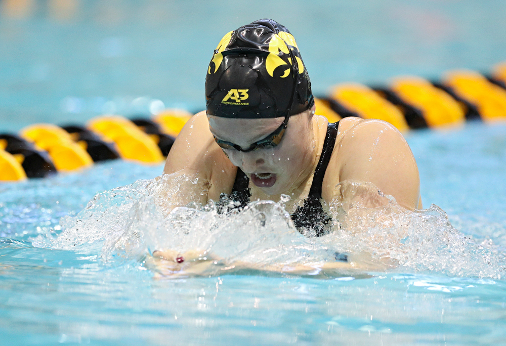 Iowa’s Emilia Sansome swims the women’s 400 yard individual medley preliminary event during the 2020 Women’s Big Ten Swimming and Diving Championships at the Campus Recreation and Wellness Center in Iowa City on Friday, February 21, 2020. (Stephen Mally/hawkeyesports.com)