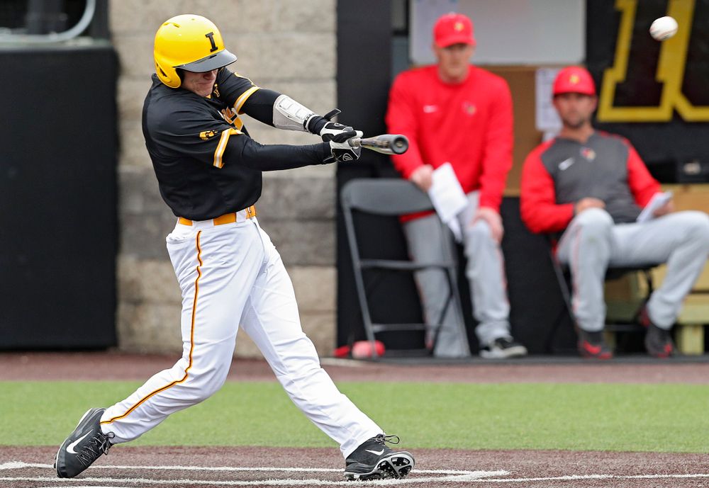 Iowa Hawkeyes catcher Austin Martin (34) hits an RBI double during the first inning of their game against Illinois State at Duane Banks Field in Iowa City on Wednesday, Apr. 3, 2019. (Stephen Mally/hawkeyesports.com)