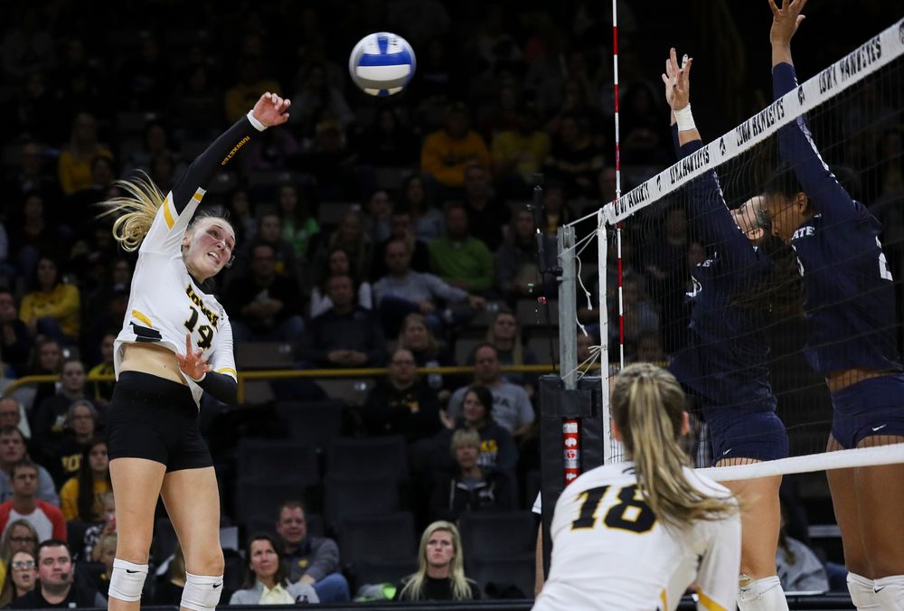 Iowa Hawkeyes outside hitter Cali Hoye (14) spikes the ball during a match against Penn State at Carver-Hawkeye Arena on November 3, 2018. (Tork Mason/hawkeyesports.com)
