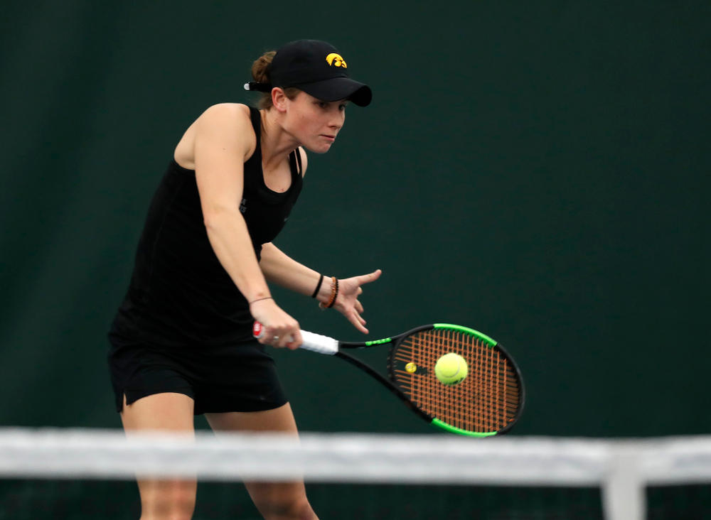 Elise Van Heuvelen and Anastasia Reimchen play a doubles match against Ohio State Sunday, March 25, 2018 at the Hawkeye Tennis and Recreation Center. (Brian Ray/hawkeyesports.com)