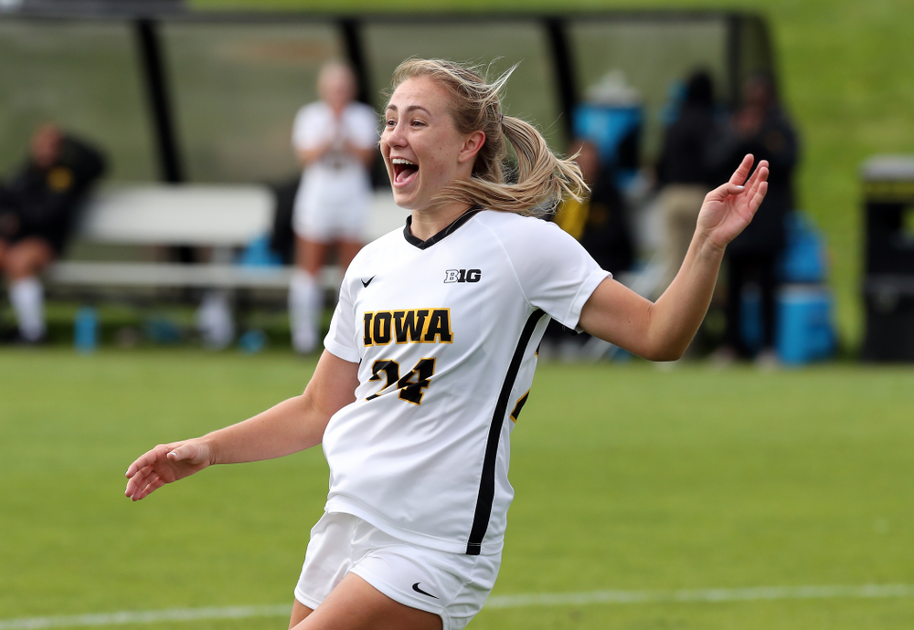 Iowa Hawkeyes defender Sara Wheaton (24) celebrates a goal against the Maryland Terrapins Sunday, October 13, 2019 on senior day. (Brian Ray/hawkeyesports.com)