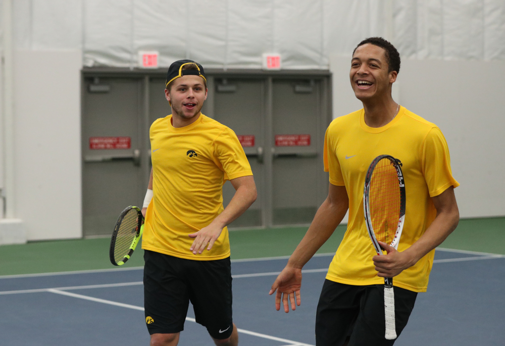 Will Davies and Oliver Okonkwo against the Butler Bulldogs Sunday, January 27, 2019 at the Hawkeye Tennis and Recreation Complex. (Brian Ray/hawkeyesports.com)