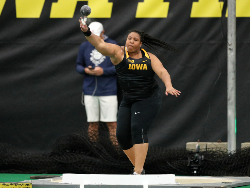 Iowa’s Ianna Roach throws in the women’s shot put event during the Larry Wieczorek Invitational at the Hawkeye Tennis and Recreation Complex in Iowa City on Friday, January 17, 2020. (Stephen Mally/hawkeyesports.com)