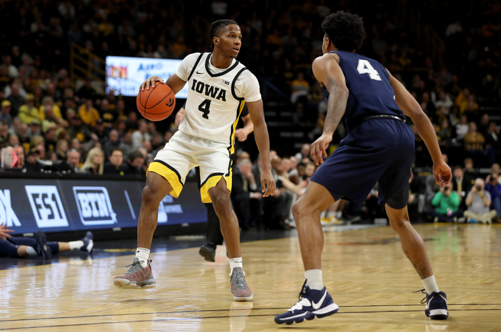 Iowa Hawkeyes guard Bakari Evelyn (4) against Penn State Saturday, February 29, 2020 at Carver-Hawkeye Arena. (Brian Ray/hawkeyesports.com)