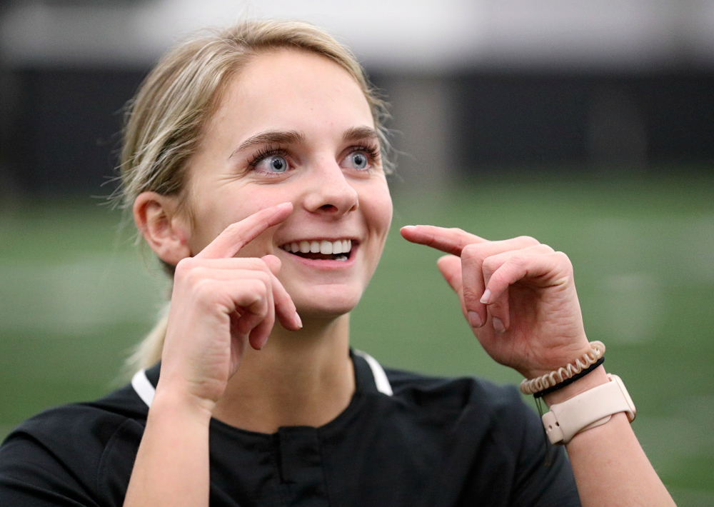 Iowa infielder Taylor Ryan (28) answers questions during Iowa Softball Media Day at the Hawkeye Tennis and Recreation Complex in Iowa City on Thursday, January 30, 2020. (Stephen Mally/hawkeyesports.com)