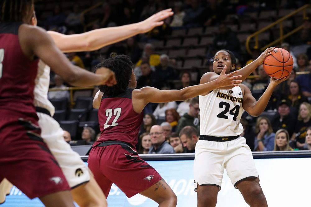 Iowa Hawkeyes guard Zion Sanders (24) looks to pass during a game against North Carolina Central at Carver-Hawkeye Arena on November 17, 2018. (Tork Mason/hawkeyesports.com)