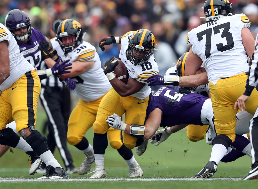 Iowa Hawkeyes running back Mekhi Sargent (10) against the Northwestern Wildcats Saturday, October 26, 2019 at Ryan Field in Evanston, Ill. (Brian Ray/hawkeyesports.com)