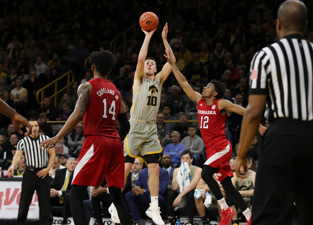 Iowa Hawkeyes guard Joe Wieskamp (10) against the Nebraska Cornhuskers Sunday, January 6, 2019 at Carver-Hawkeye Arena. (Brian Ray/hawkeyesports.com)
