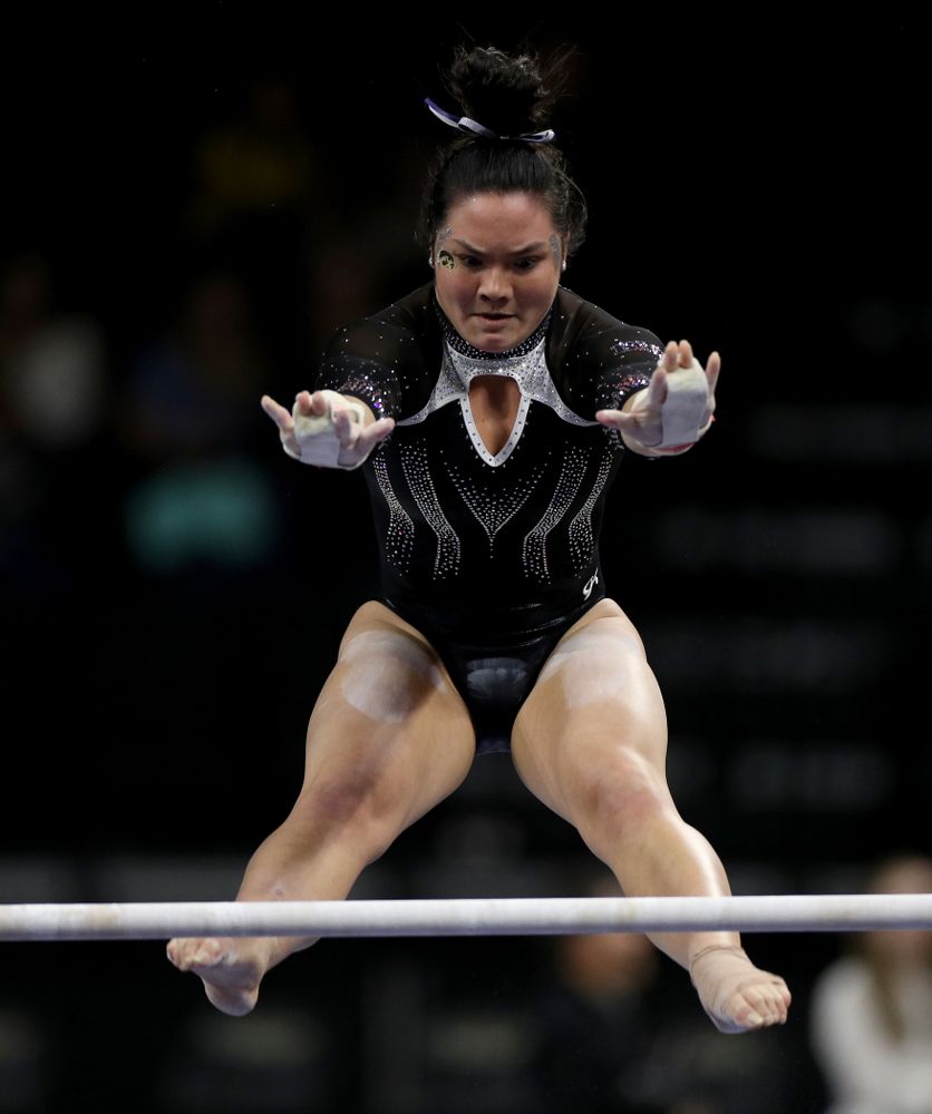 Iowa’s Carina Tolan competes on the bars against Michigan State Saturday, February 1, 2020 at Carver-Hawkeye Arena. (Brian Ray/hawkeyesports.com)