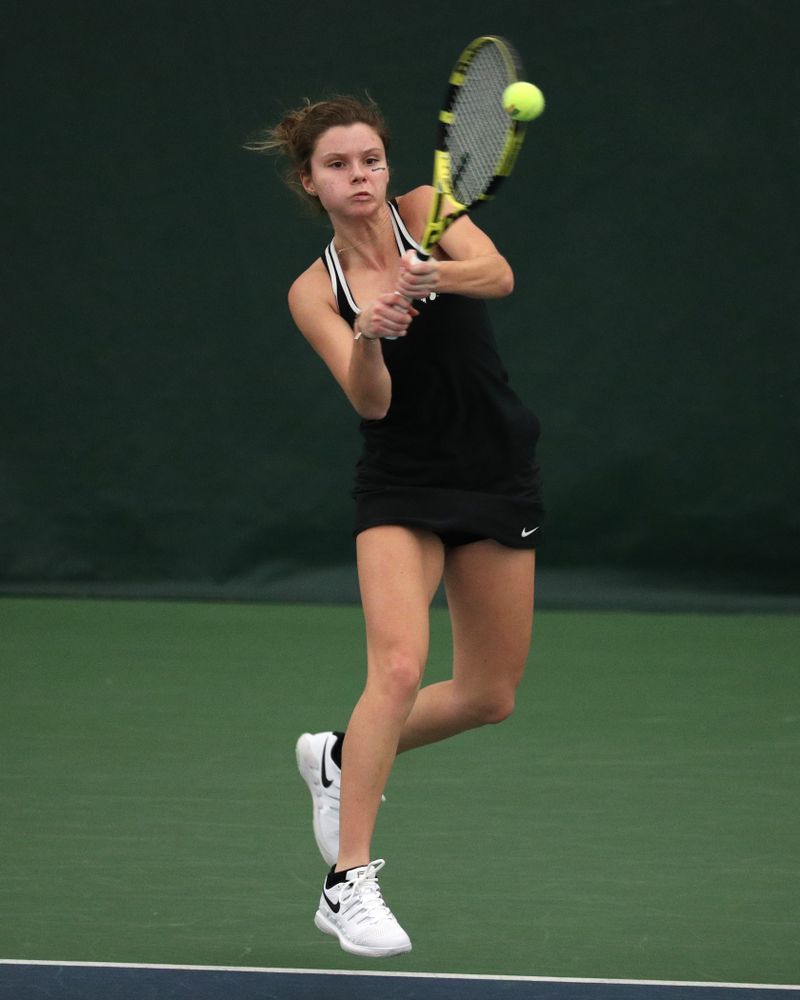 Iowa's Cloe Ruette against the Penn State Nittany Lions Sunday, February 24, 2019 at the Hawkeye Tennis and Recreation Complex. (Brian Ray/hawkeyesports.com)