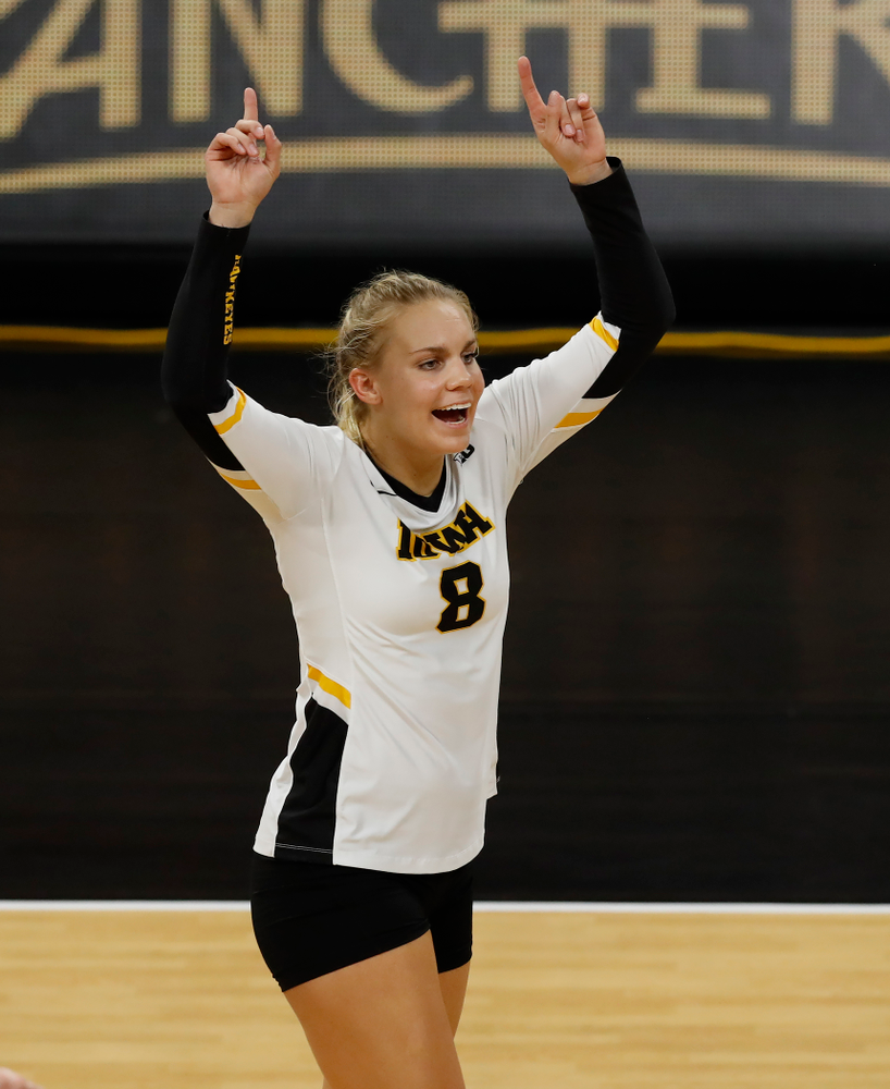 Iowa Hawkeyes right side hitter Reghan Coyle (8) against Eastern Illinois Sunday, September 9, 2018 at Carver-Hawkeye Arena. (Brian Ray/hawkeyesports.com)