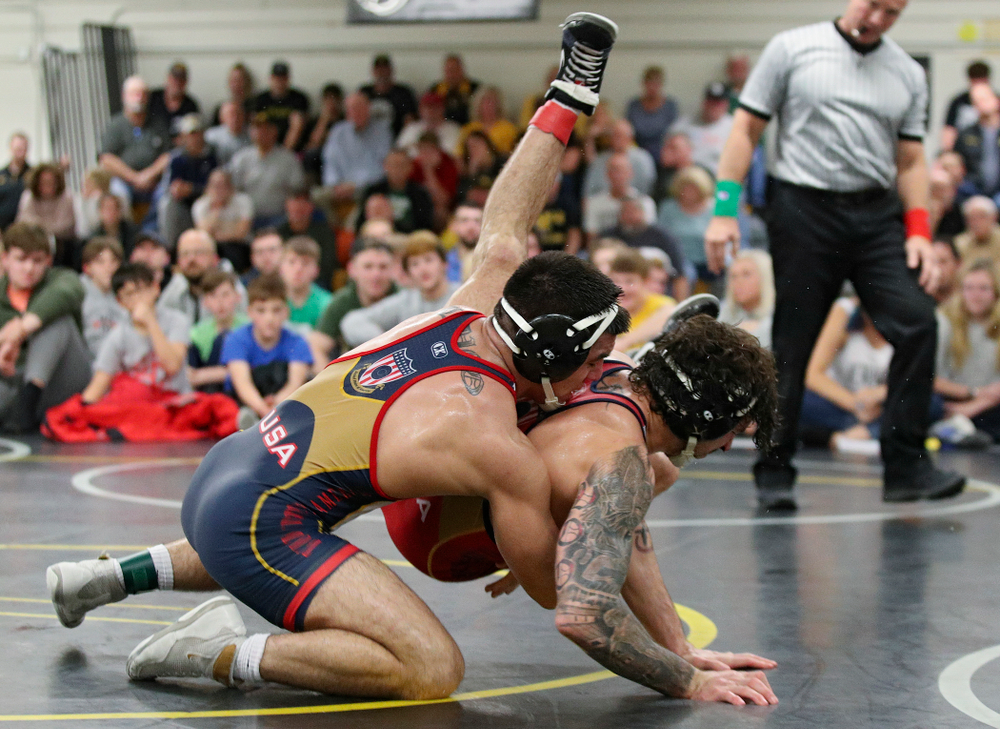 Iowa’s Pat Lugo (from left) takes Vince Turk to the mat during their preseason match at the Dan Gable Wrestling Complex at Carver-Hawkeye Arena in Iowa City on Friday, Nov 8, 2019. (Stephen Mally/hawkeyesports.com)