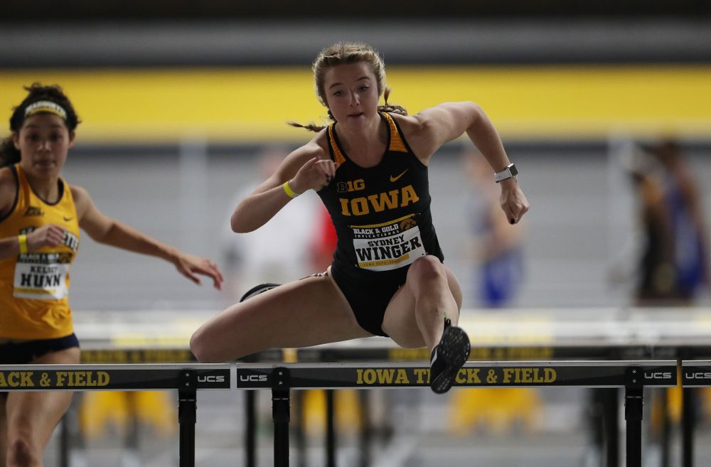 Iowa's Sydney Winger competes in the 60-meter hurdles during the Black and Gold Premier meet Saturday, January 26, 2019 at the Recreation Building. (Brian Ray/hawkeyesports.com)