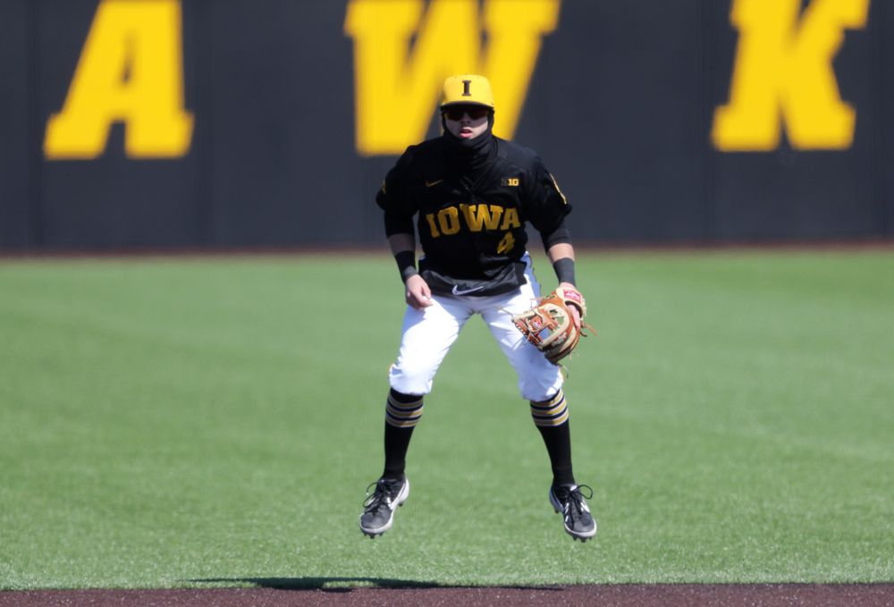 Iowa Hawkeyes infielder Mitchell Boe (4) against California State Northridge Sunday, March 17, 2019 at Duane Banks Field. (Brian Ray/hawkeyesports.com)