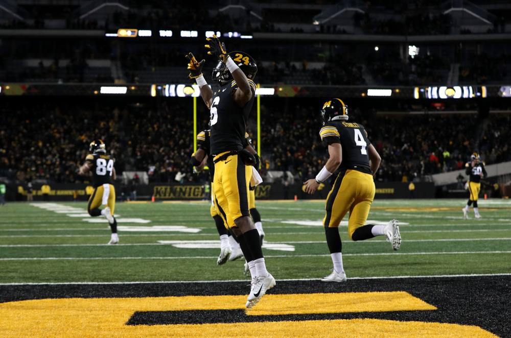 Iowa Hawkeyes wide receiver Ihmir Smith-Marsette (6) celebrates a touchdown against the Northwestern Wildcats Saturday, November 10, 2018 at Kinnick Stadium. (Brian Ray/hawkeyesports.com)