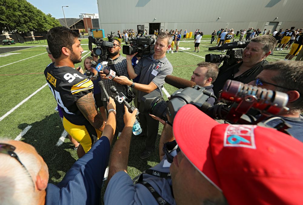 Iowa Hawkeyes defensive end A.J. Epenesa (94) answers questions during Iowa Football Media Day at the Hansen Football Performance Center in Iowa City on Friday, Aug 9, 2019. (Stephen Mally/hawkeyesports.com)