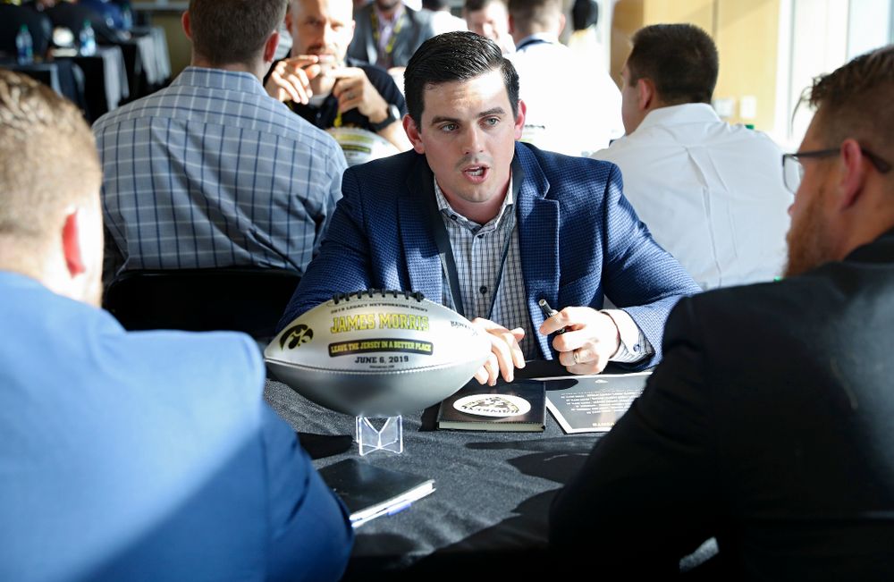 James Morris, former Iowa linebacker talks with members of the current Hawkeye Football team during a networking event at Kinnick Stadium in Iowa City on Thursday, Jun 6, 2019. (Stephen Mally/hawkeyesports.com)
