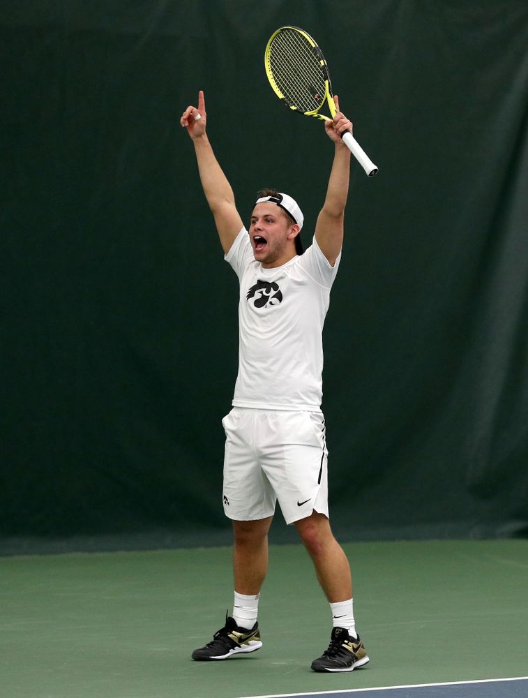 Iowa’s Will Davies against Cornell Sunday, March 8, 2020 at the Hawkeye Tennis and Recreation Center. (Brian Ray/hawkeyesports.com)