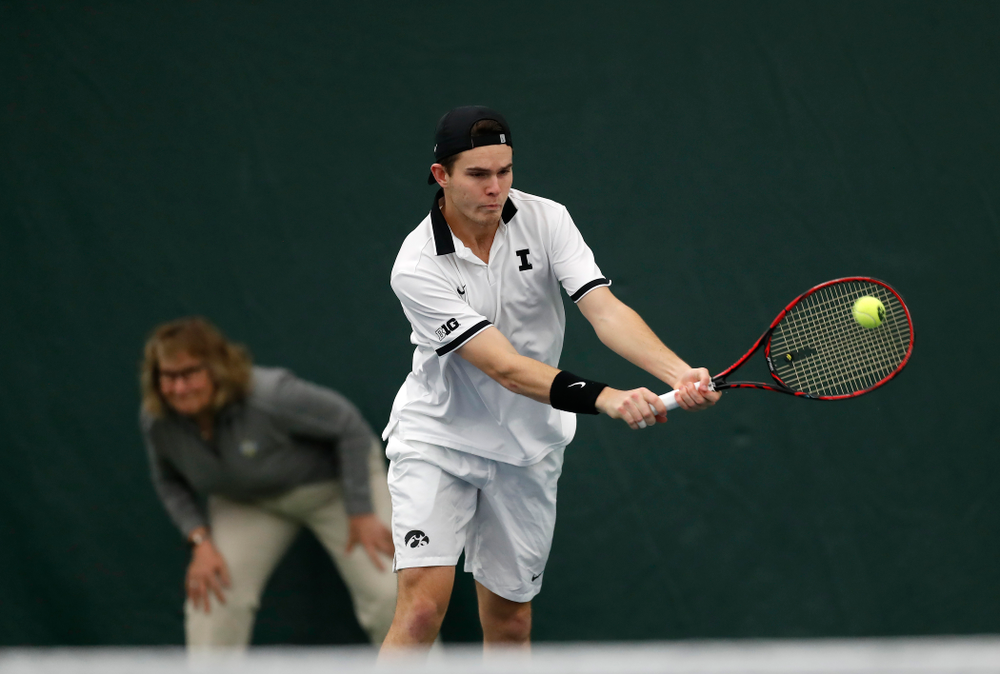 Jonas Larsen and Kareem Allaf play a doubles match against Purdue Sunday, April 15, 2018 at the Hawkeye Tennis and Recreation Center. (Brian Ray/hawkeyesports.com)