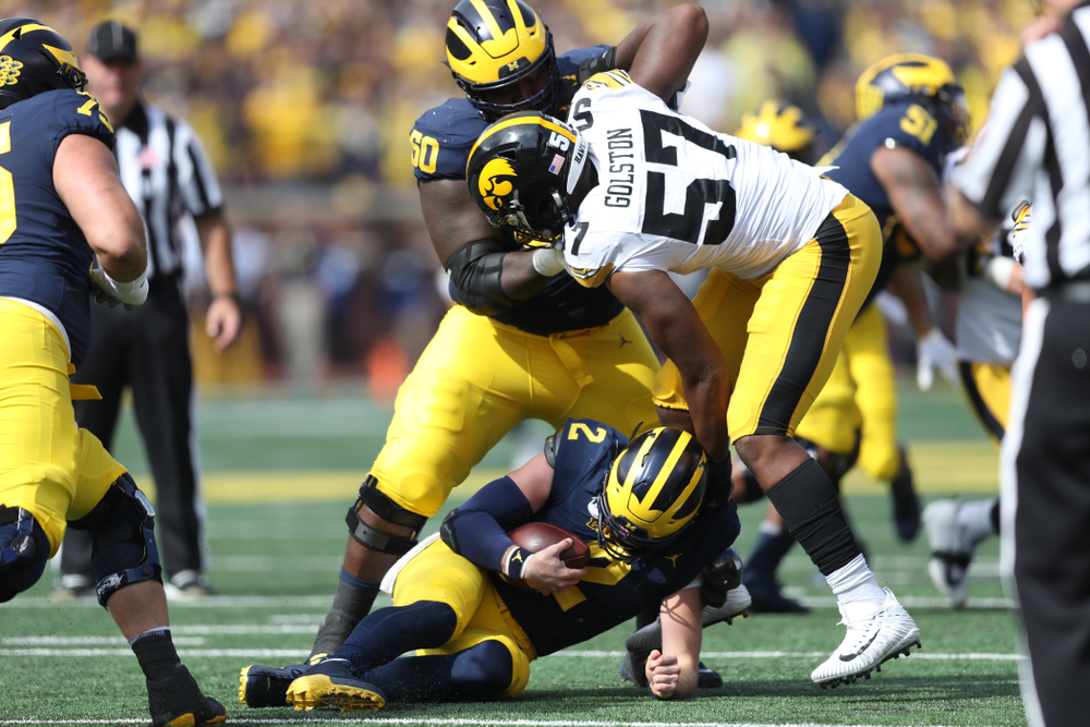 Iowa Hawkeyes defensive end Chauncey Golston (57) against the Michigan Wolverines Saturday, October 5, 2019 at Michigan Stadium in Ann Arbor, MI. (Brian Ray/hawkeyesports.com)