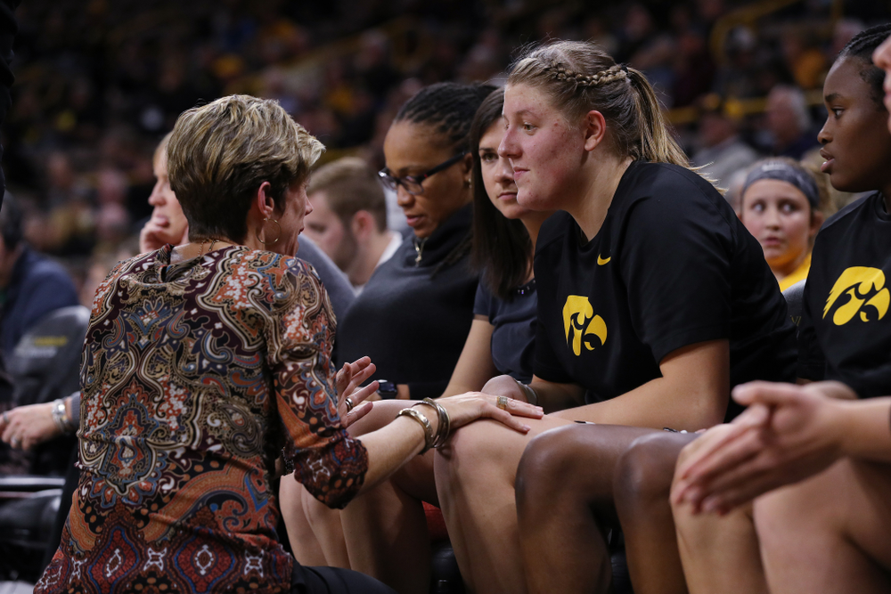 Iowa Hawkeyes forward/center Monika Czinano (25) and associate head coach Jan Jensen against Dakota Wesleyan University Tuesday, November 6, 2018 at Carver-Hawkeye Arena. (Brian Ray/hawkeyesports.com)