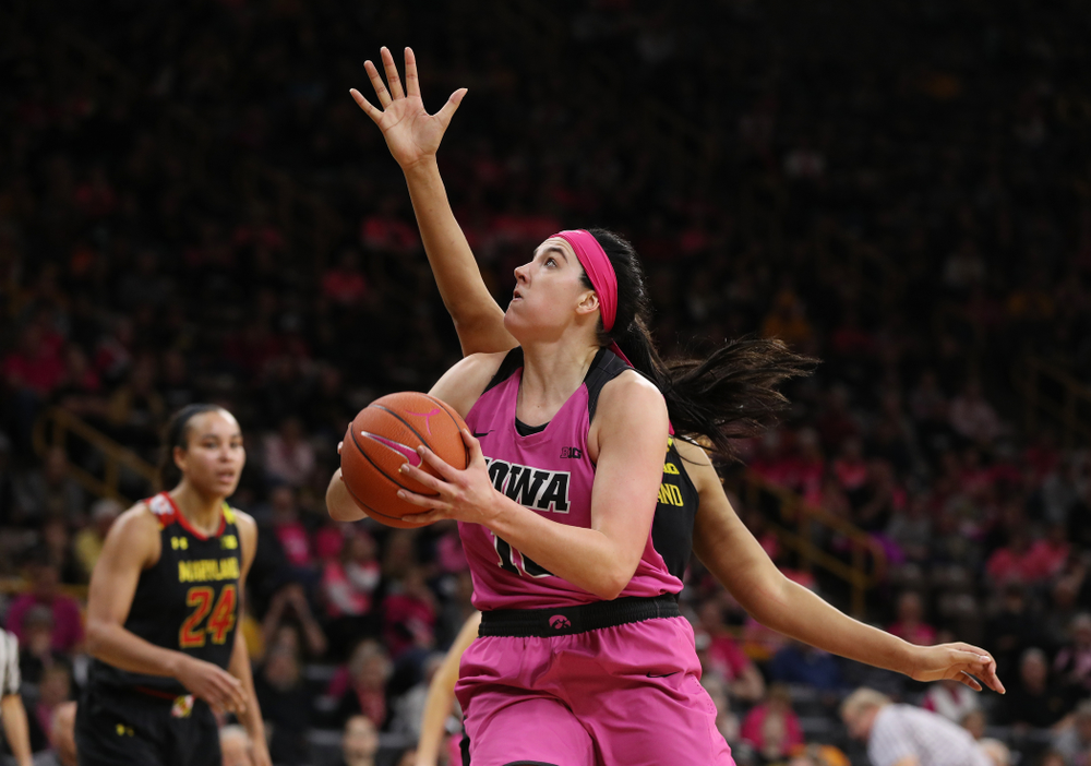 Iowa Hawkeyes forward Megan Gustafson (10) against the seventh ranked Maryland Terrapins Sunday, February 17, 2019 at Carver-Hawkeye Arena. (Brian Ray/hawkeyesports.com)