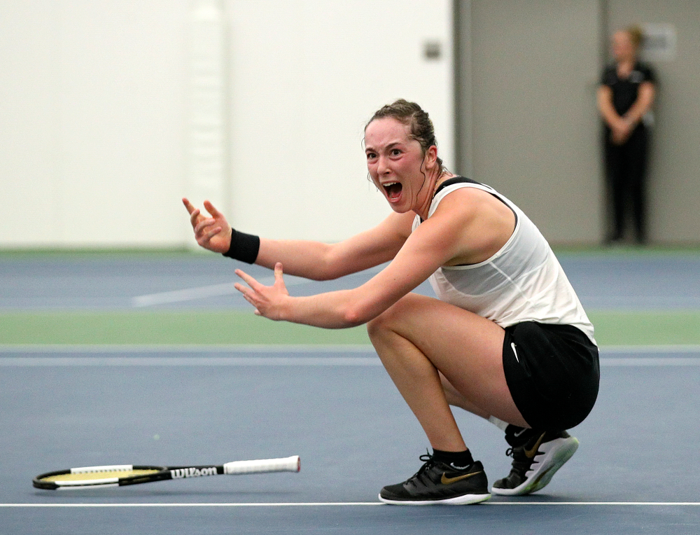 Iowa’s Samantha Mannix celebrates after winning her singles match at the Hawkeye Tennis and Recreation Complex in Iowa City on Sunday, February 23, 2020. (Stephen Mally/hawkeyesports.com)